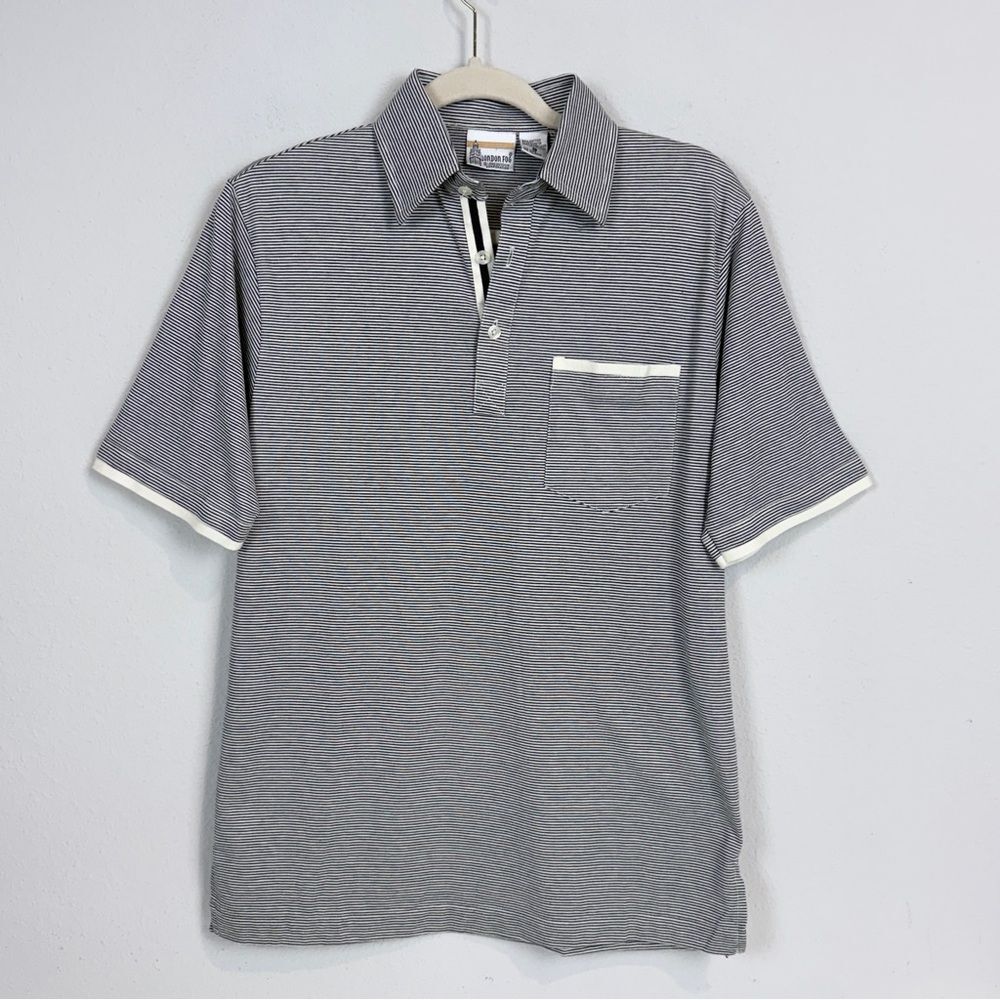 Vintage London Fog Gray White Striped Short Sleeve Polo Shirt S